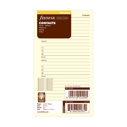 Filofax Organiser - Refill Personal - Contacts - Cotton Cream