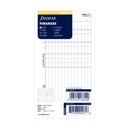 Filofax Organiser - Refill Personal - Finances