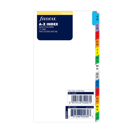 Filofax Organiser - Refill Personal - Index A-Z - 2 Letters per Tab - Multi-Coloured
