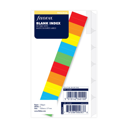 Filofax Organiser - Refill Personal - Index Blank 6 Tabs - Multi-Coloured