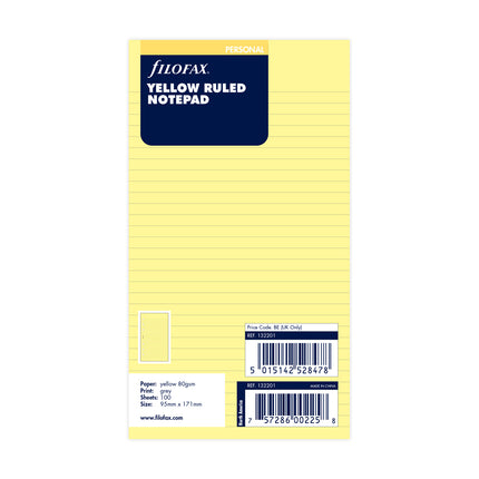 Filofax Organiser - Refill Personal - Notepad Ruled - Yellow