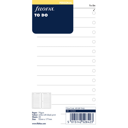 Filofax Organiser - Refill Personal - To Do Lists - White