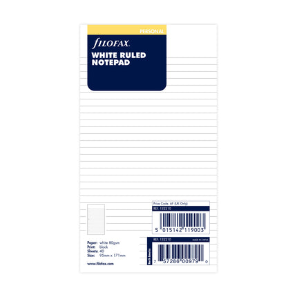 Filofax Organiser - Refill Personal - Notepad Ruled - White