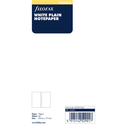Filofax Organiser - Refill Personal - Notepaper Plain - White