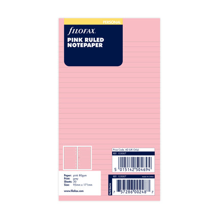 Filofax Refill - Personal - Notepaper Ruled - Pink