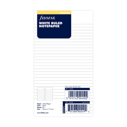 Filofax Refill - Personal - Notepaper Ruled - White