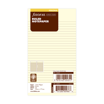 Filofax Refill - Personal - Notepaper Ruled - Cotton Cream