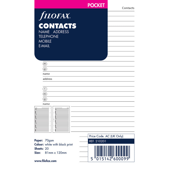 Filofax Organiser - Refill - Pocket - Contacts - White