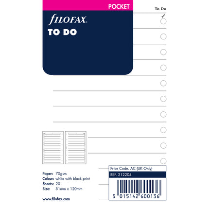 Filofax Organiser - Refill - Pocket - To Do Lists - White