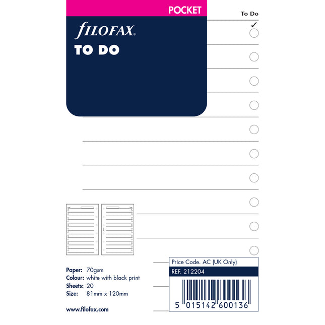 Filofax Organiser - Refill - Pocket - To Do Lists - White