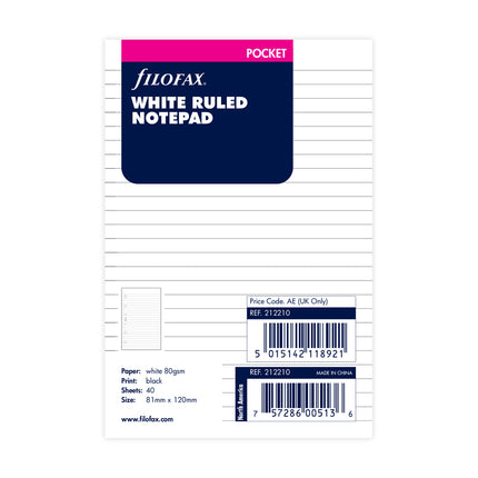 Filofax Organiser Refill - Pocket - Notepad Ruled - White