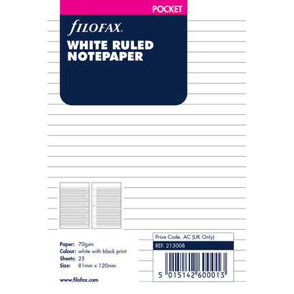 Filofax Organiser Refill - Pocket - Notepaper Ruled - White