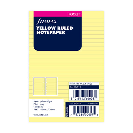 Filofax Organiser Refill - Pocket - Notepaper Ruled - Yellow