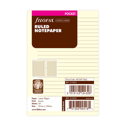 Filofax Organiser Refill - Pocket - Notepaper Ruled - Cotton Cream