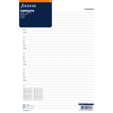 Filofax Organiser - Refill A4 - Contacts - White