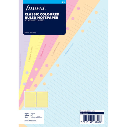Filofax Organiser - Refill A5 - Notepaper Ruled - Assorted Colours