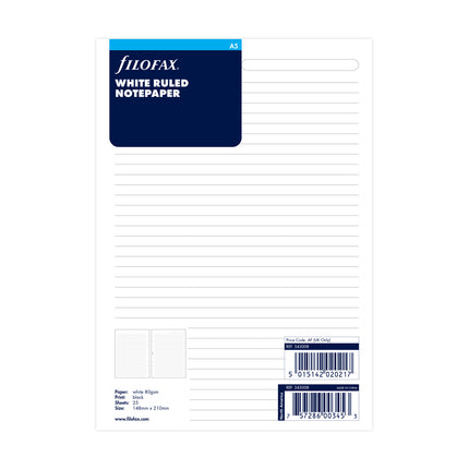 Filofax Organiser - Refill A5 - Notepaper Ruled - White