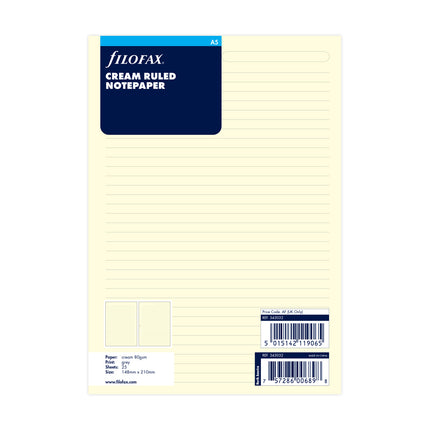 Filofax Organiser - Refill A5 - Notepaper Ruled - Cotton Cream