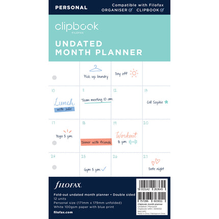 Filofax Clipbook - Refill Personal - Monthly Planner - Undated