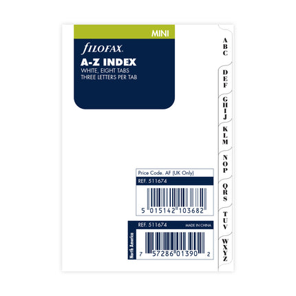 Filofax Organiser - Refill Mini - Index A-Z - 3 Letters per tab - White