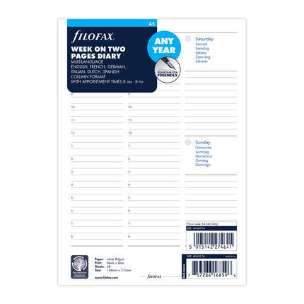 Filofax Organiser - Refill - A5 - Week To View - Any Year