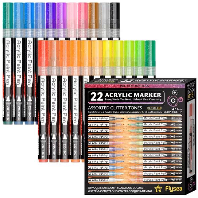 Flysea Acrylic Paint Markers Fine Tip - Glitter - Pack of 22