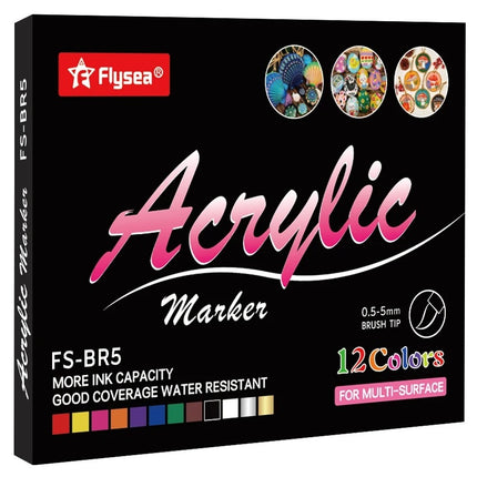 Flysea Acrylic Paint Markers Basic Brush Tips - Pack of 12