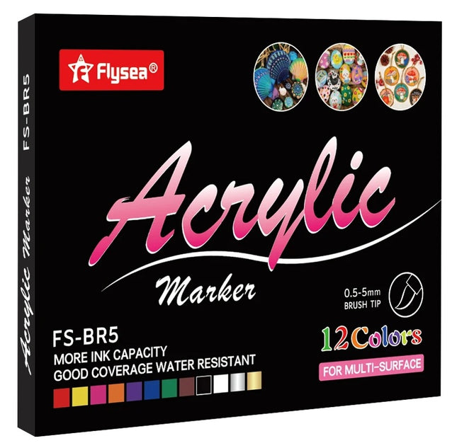 Flysea Acrylic Paint Markers Basic Brush Tips - Pack of 12