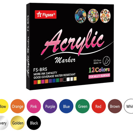 Flysea Acrylic Paint Markers Basic Brush Tips - Pack of 12